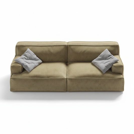 Solano wide velvet sofa in olive, top view