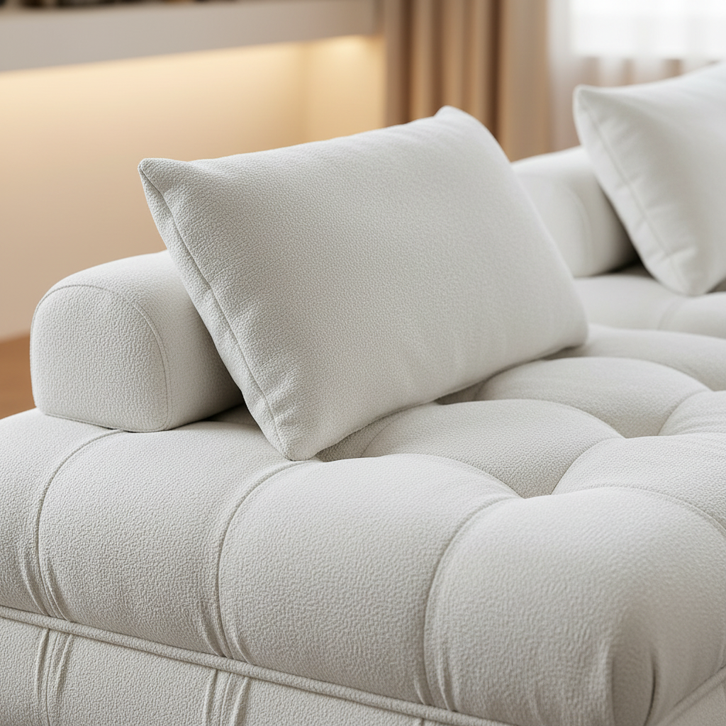 Close-up of cream boucle fabric texture and grid button tufting detail on the Puffo Modular Sofa