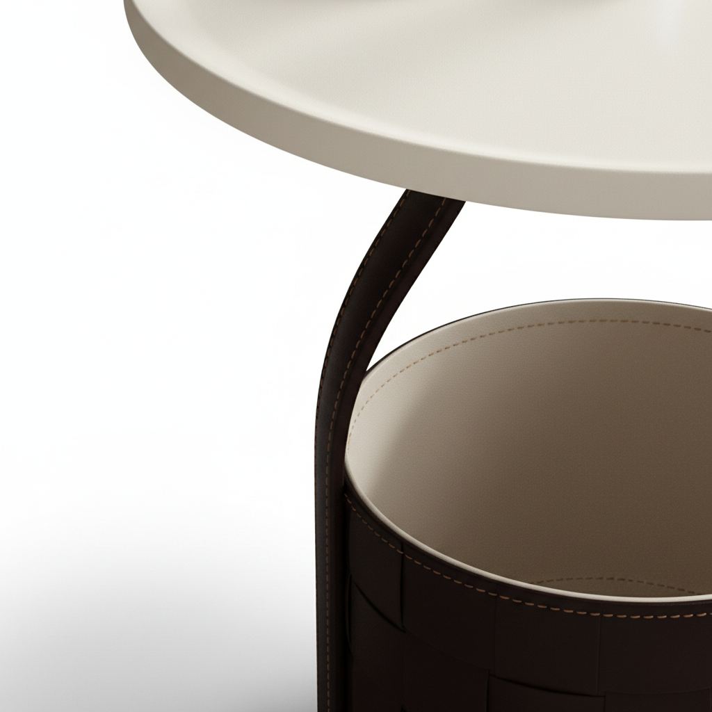 Close-up of Cesto Side Table woven leather basket texture and carry handle