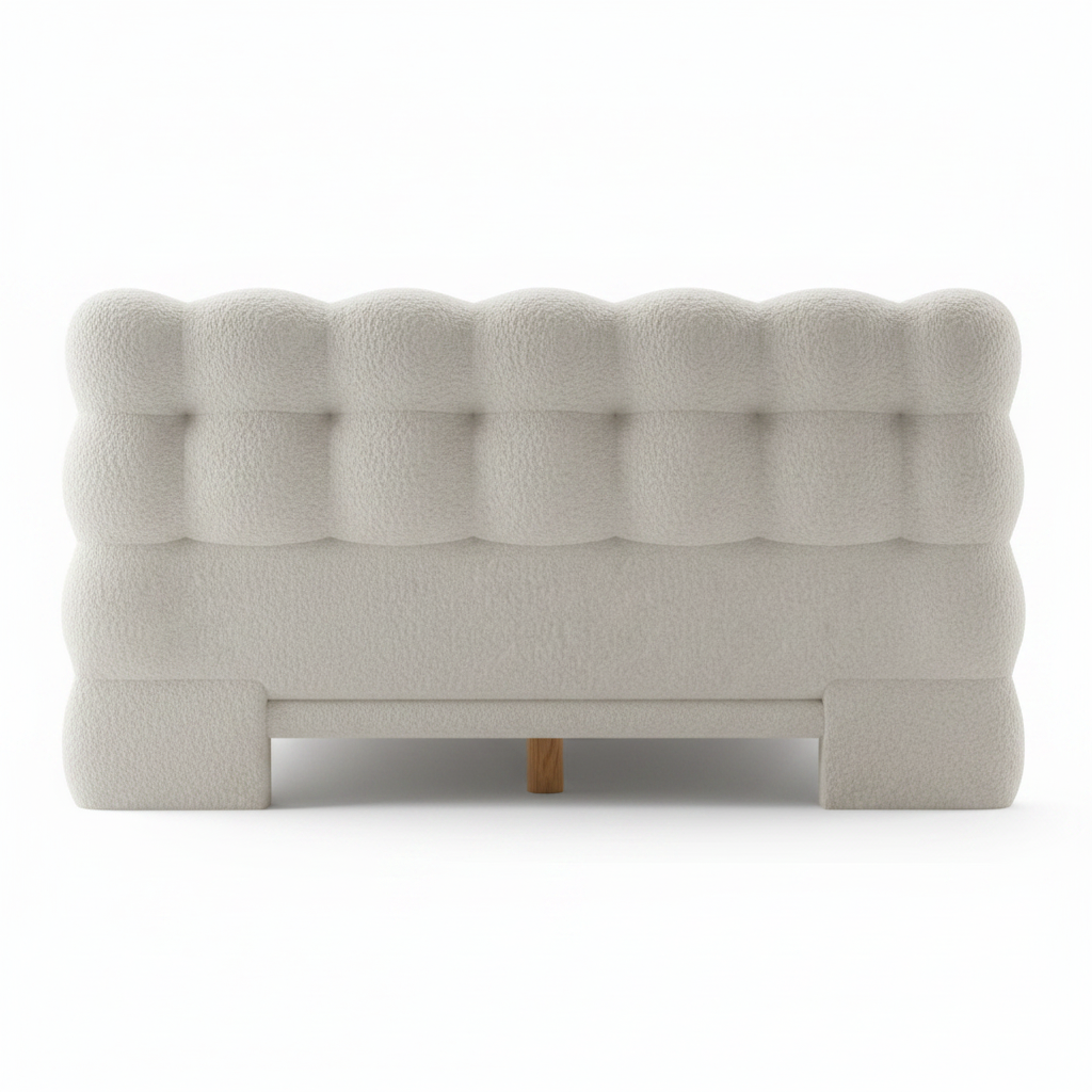 Cumulo cloud-tufted bouclé bed in cream, back view