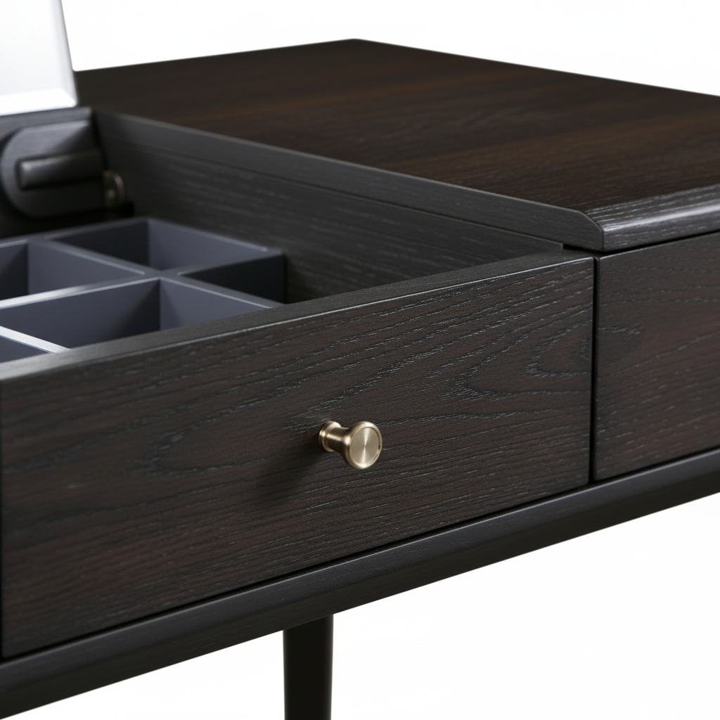 Close-up detail of Velara dressing table wood grain and silver hardware