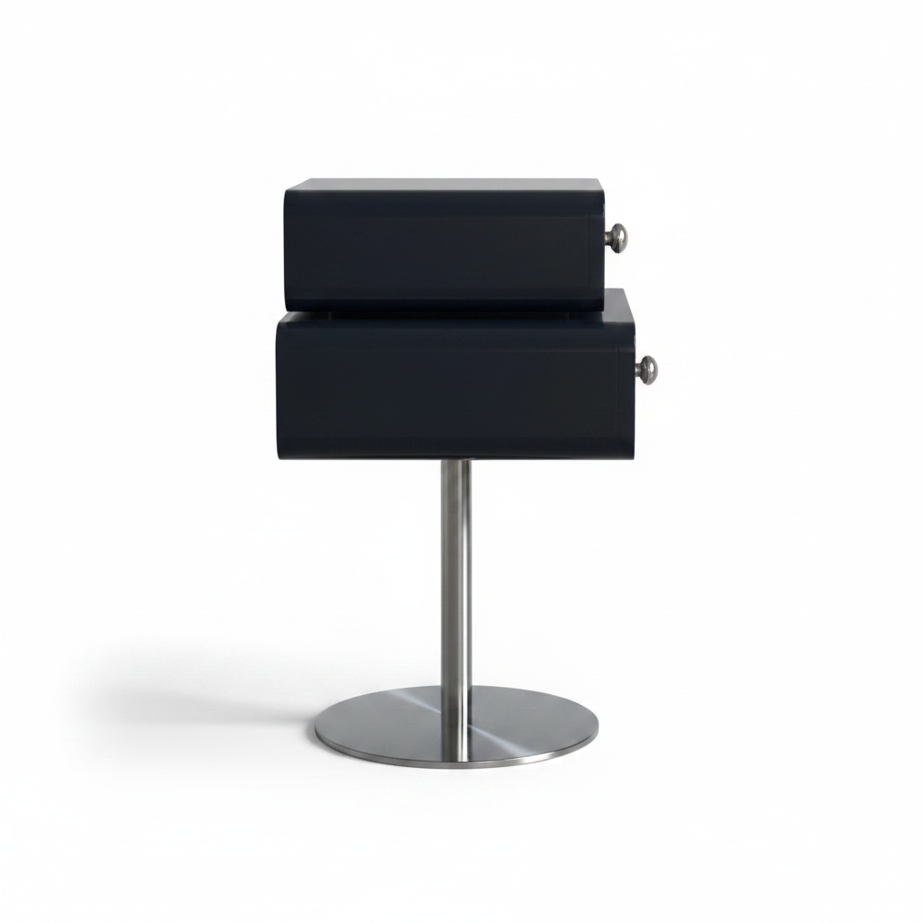Side view of glossy black two-drawer side table showing chrome pedestal stem and disc base
