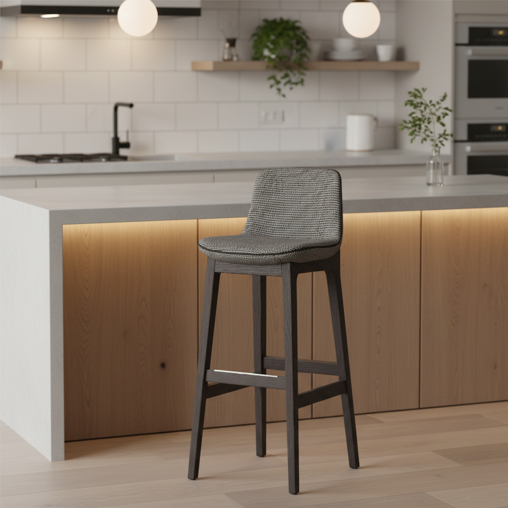 Dark charcoal woven bar stool styled at a luxury modern kitchen island