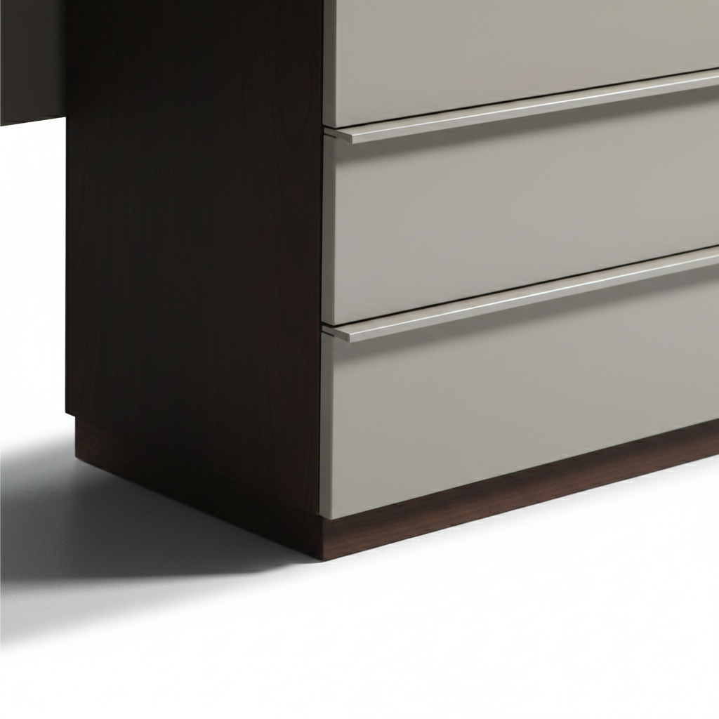 Close-up of wenge wood grain and champagne lacquer drawer contrast detail