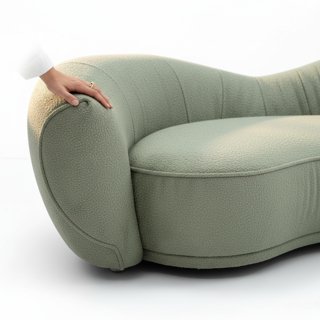Close-up of Vellara sofa bouclé texture and curved armrest