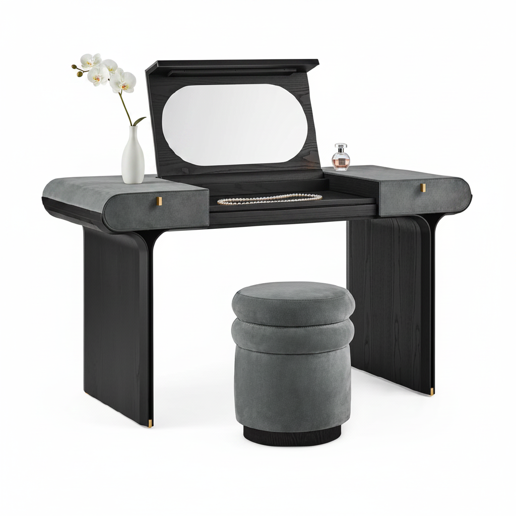 Obsidian dressing table styled with jewellery and orchid accessories