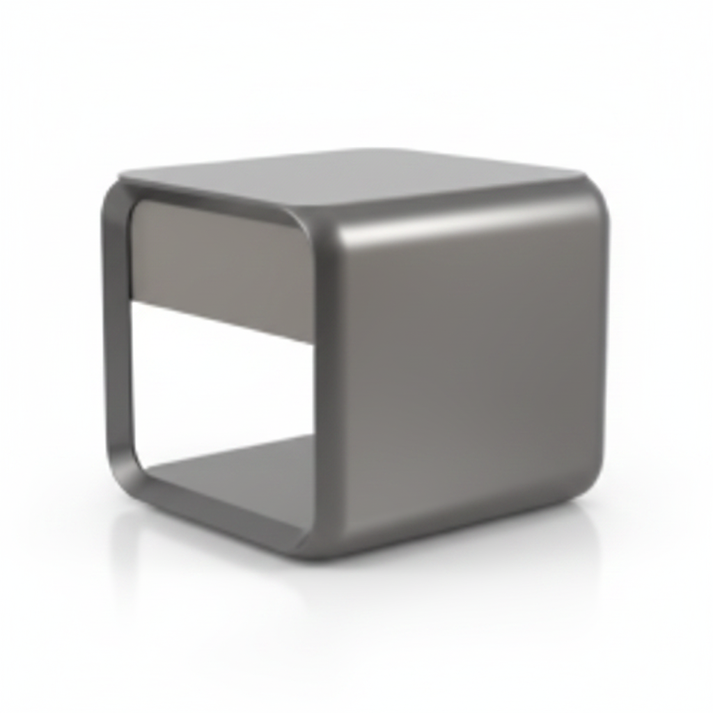 Back view of polished gunmetal dark smoked stainless steel rounded bedside table on white background