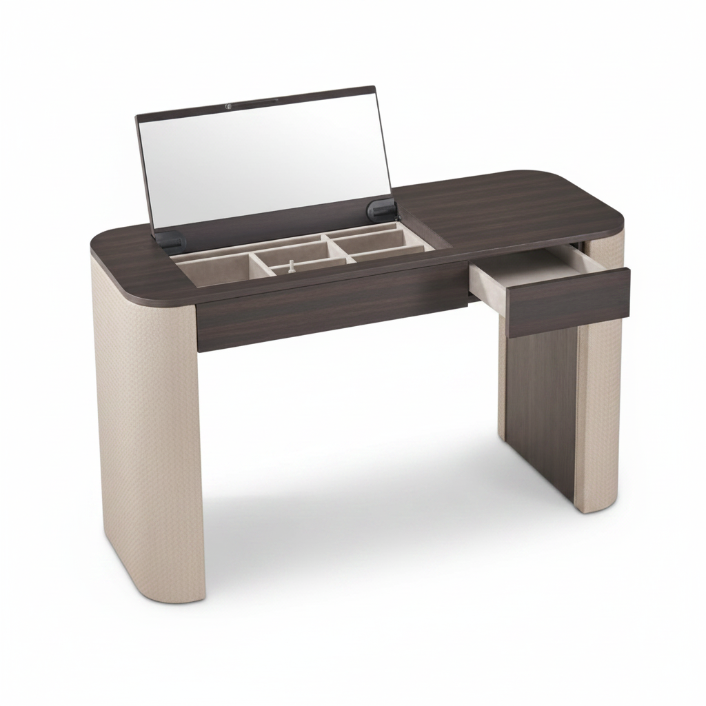 Top view of Volta dressing table with flip-up mirror and jewellery tray