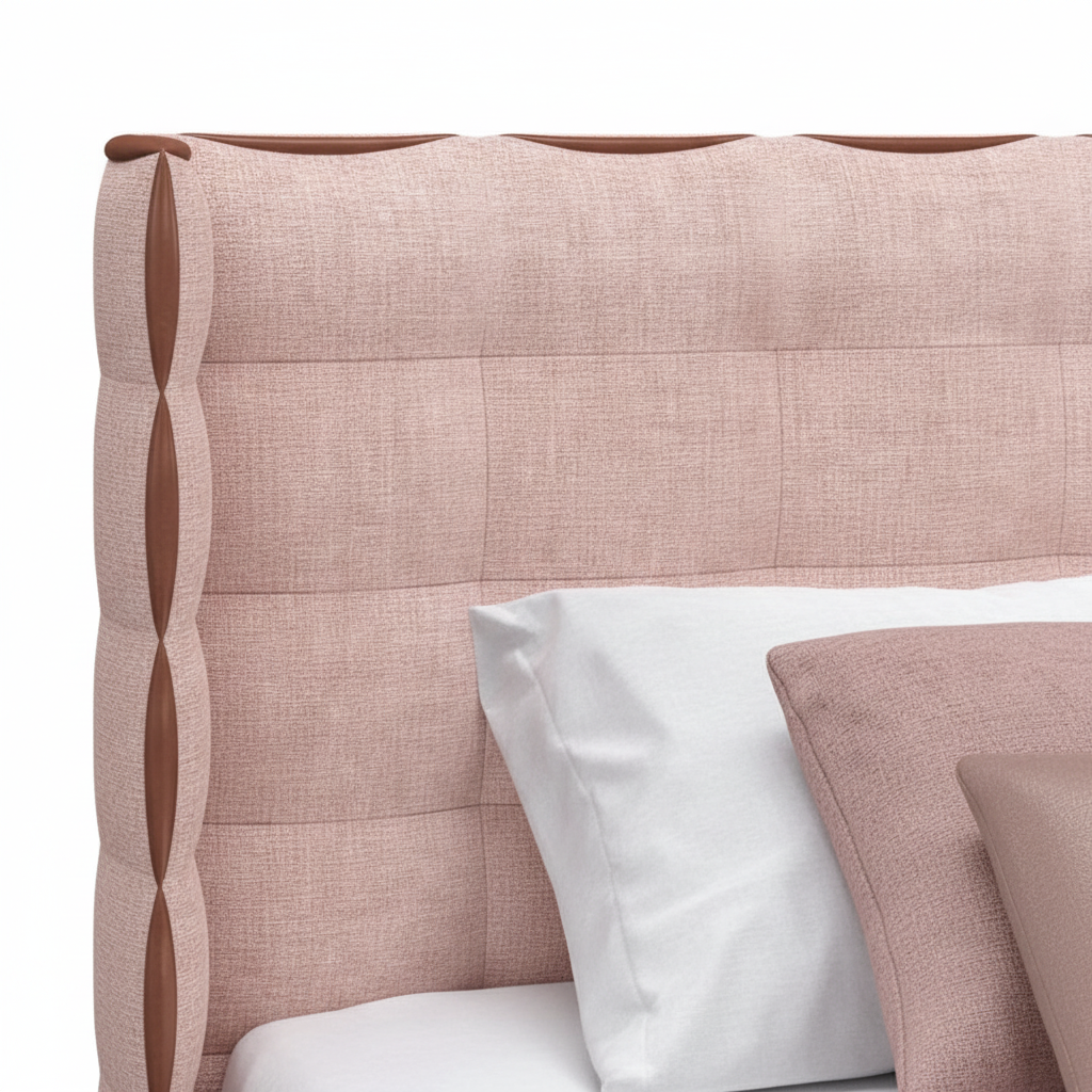 Aurore king bed — close-up blush pink grid tufting and rose gold piping detail