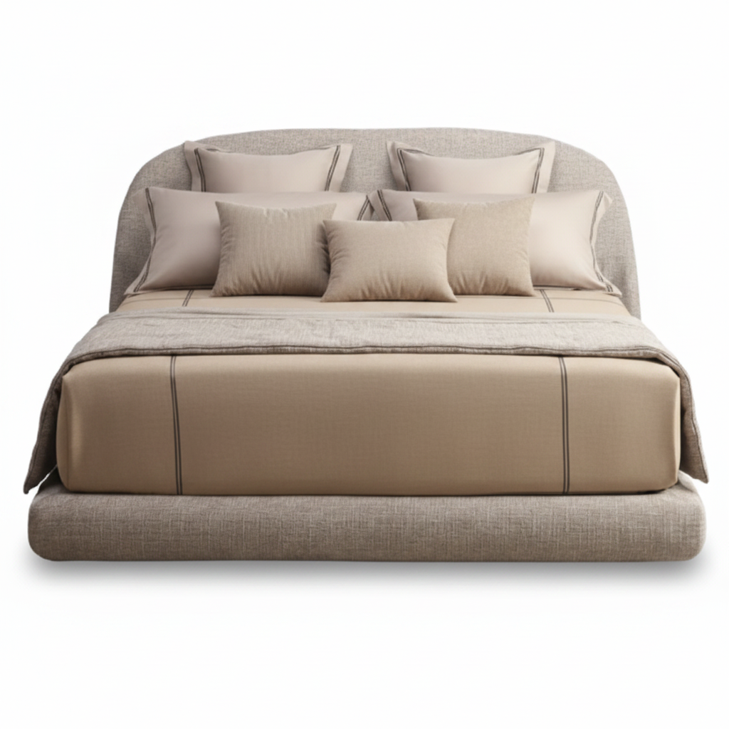 Ovale bed styled with warm beige and taupe linen bedding