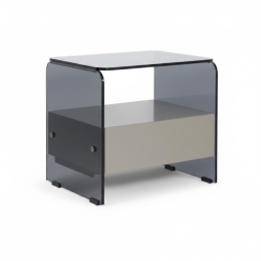 Back view of smoked grey tempered glass U-shaped bedside table on white background