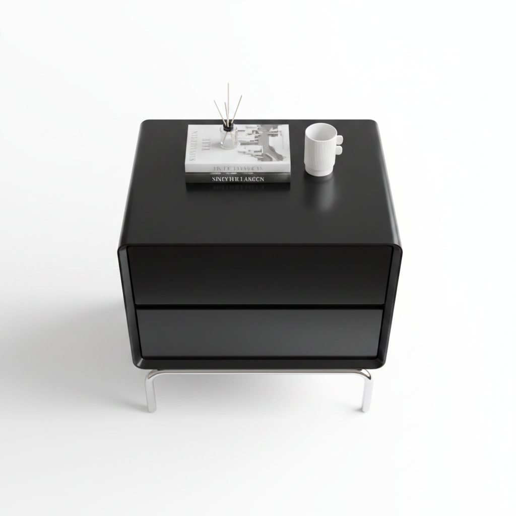 Top view of glossy black handleless bedside table on chrome sled base