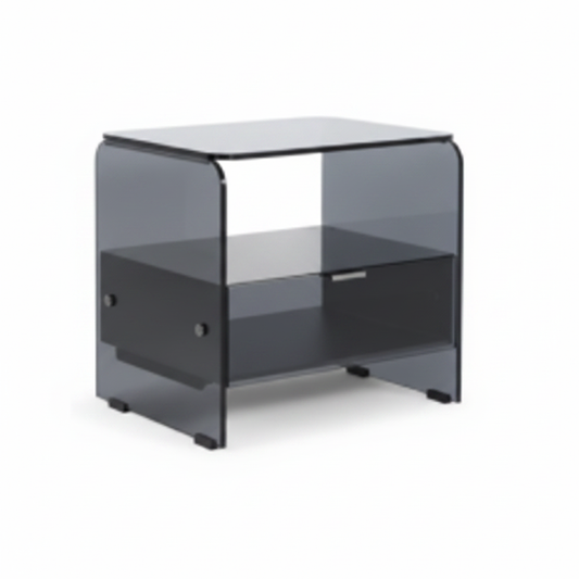 Smoked grey tempered glass U-shaped bedside table with shelf and glass cabinet door, front view on white background