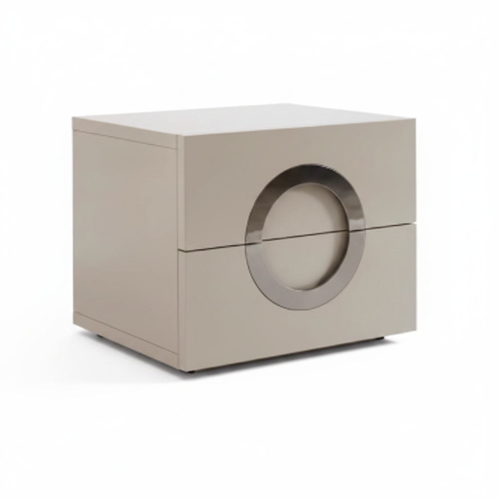 Side view of warm taupe matte two-drawer bedside table on thin plinth base