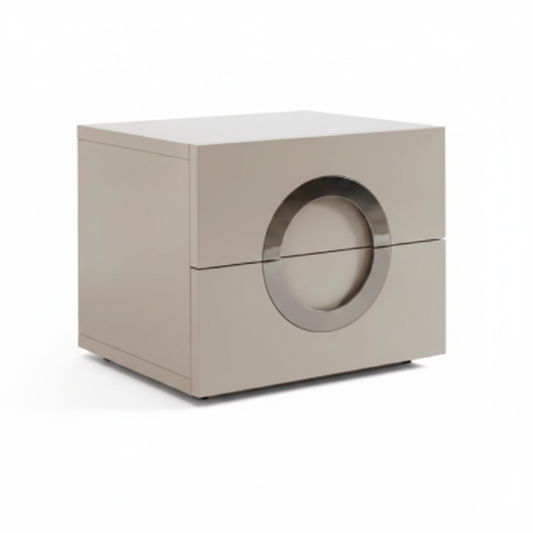 Side view of warm taupe matte two-drawer bedside table on thin plinth base