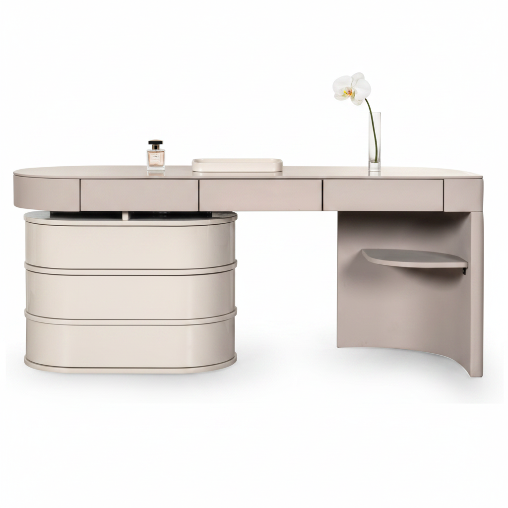 Rotunda dressing table styled with perfume and orchid accessories