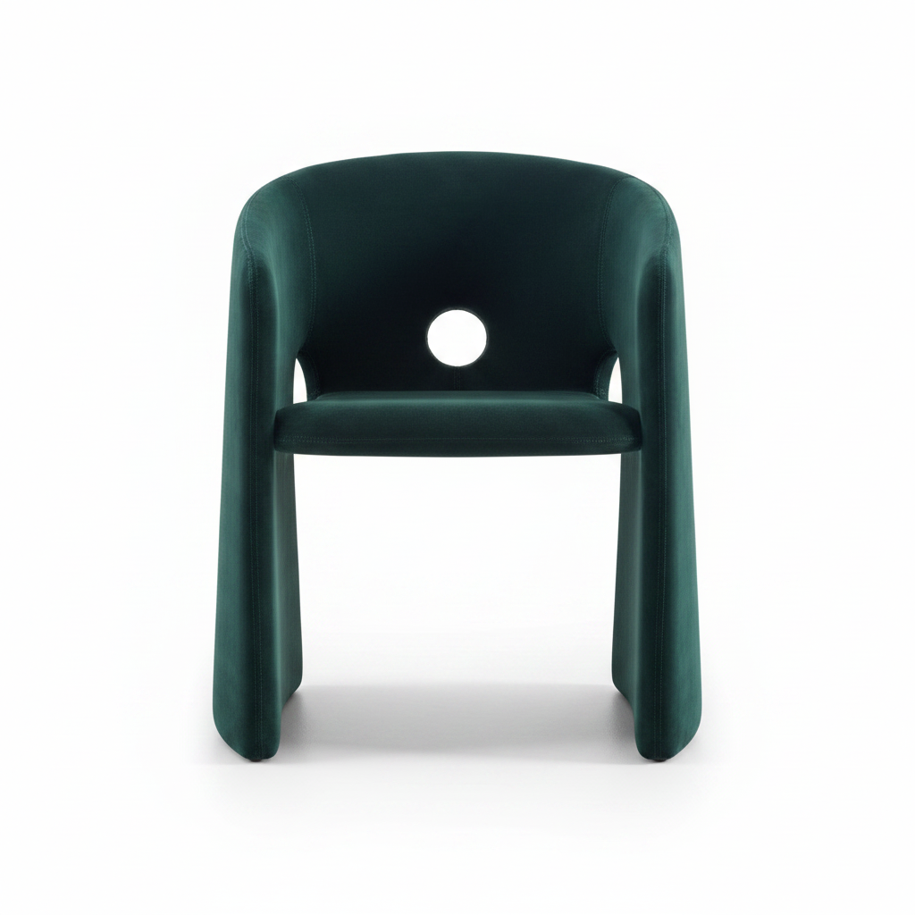 Front-facing studio shot of the Grotto Velvet Barrel Dining Chair in deep forest green