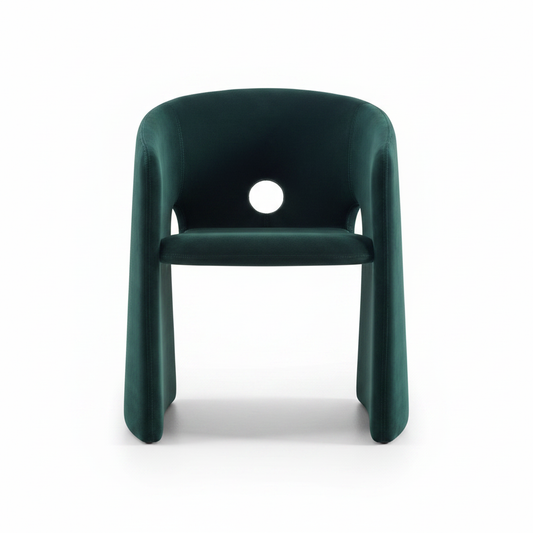 Front-facing studio shot of the Grotto Velvet Barrel Dining Chair in deep forest green