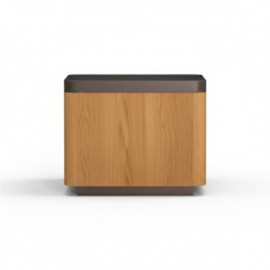 Back view of warm oak bedside table on dark charcoal plinth base