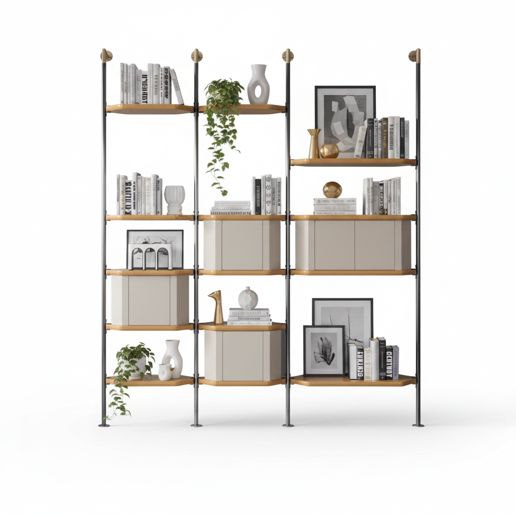 Auris Pole Shelving System styled with books, brass objects and ceramic vases