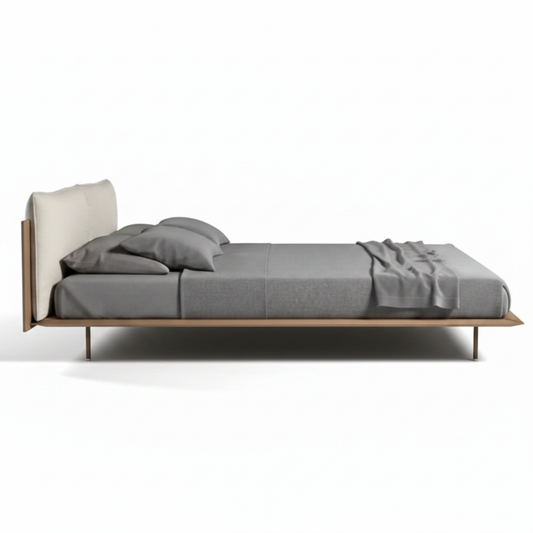 Lino Bed Frame side profile, slim brushed metal legs, oak platform base