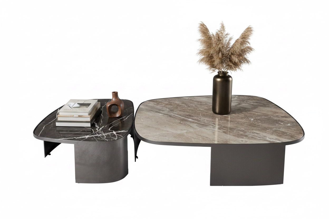 Duetto Nesting Marble Coffee Table Set styled with accessories