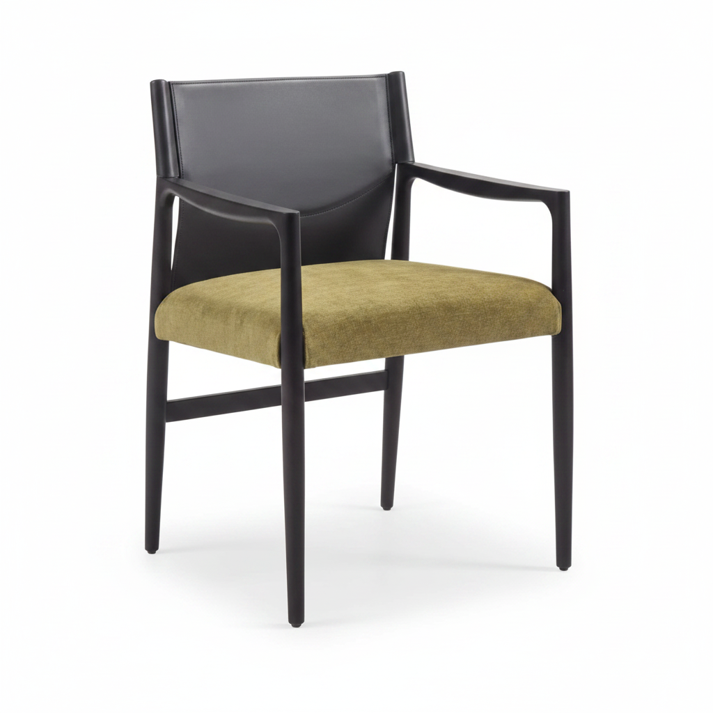 Three-quarter angled view of the Senato Dining Armchair showing the open armrests and material contrast