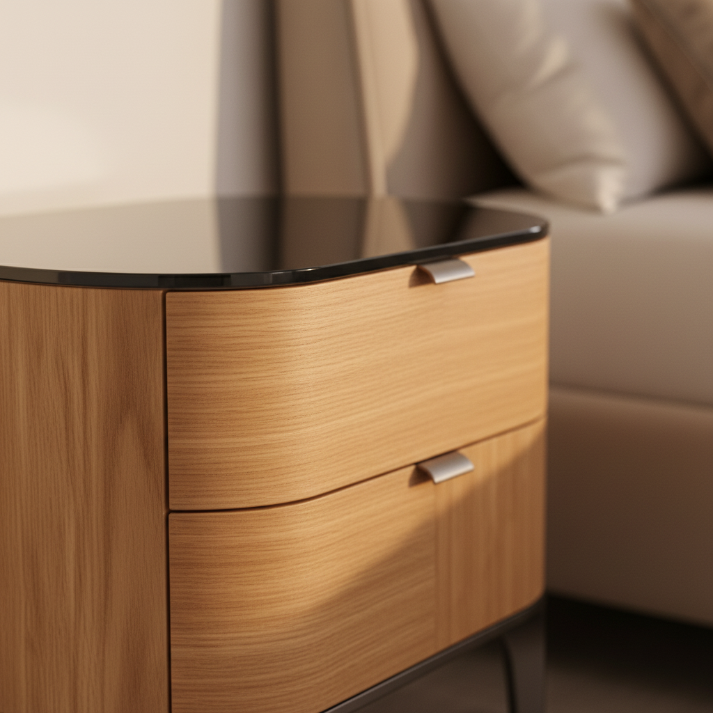 Close-up of warm oak veneer wood grain and dark smoked glass top edge on Quercia Bedside Table