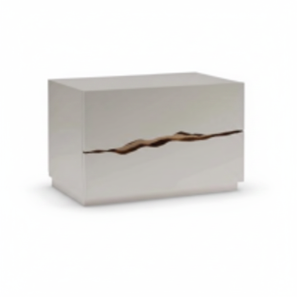 Side view of glossy white lacquer monolithic bedside table with bronze crack inlay