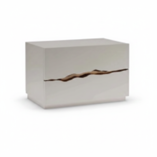 Side view of glossy white lacquer monolithic bedside table with bronze crack inlay