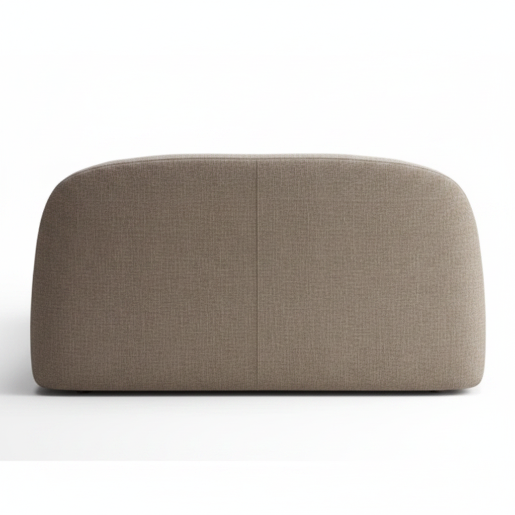 Ovale rounded upholstered bed in warm greige, back view