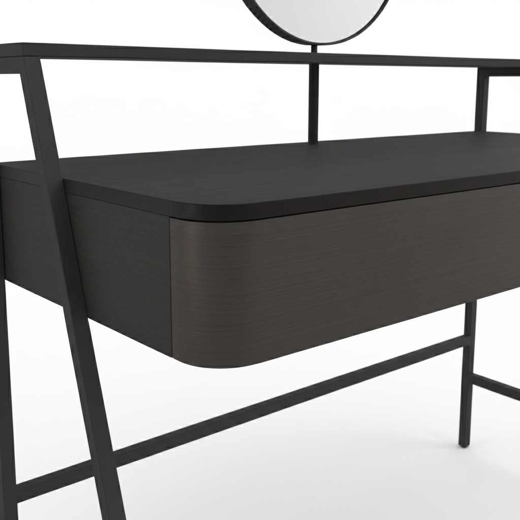 Close-up of charcoal graphite drawer and matte black A-frame metal junction detail