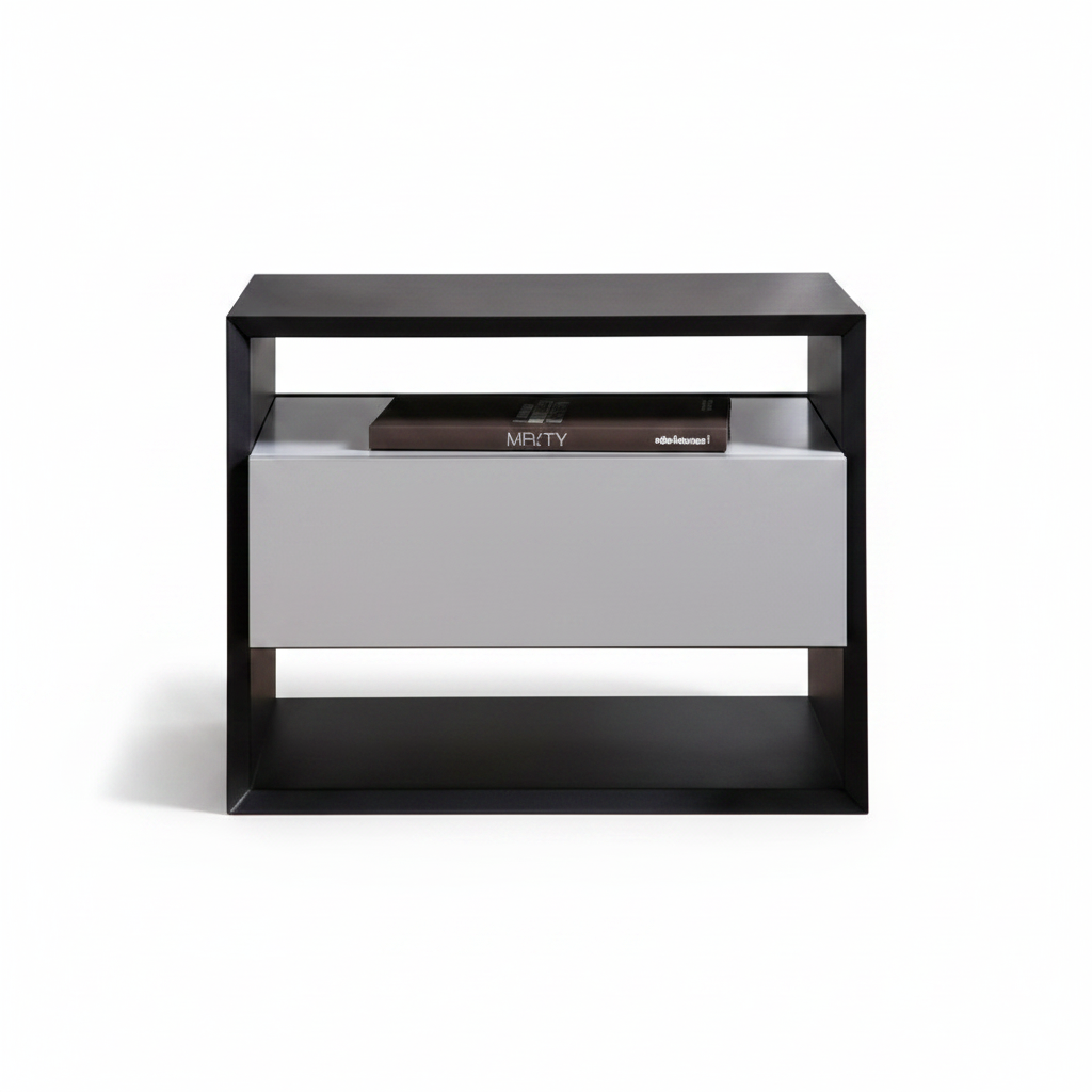 Top view of matte black frame bedside table with silver drawer panel