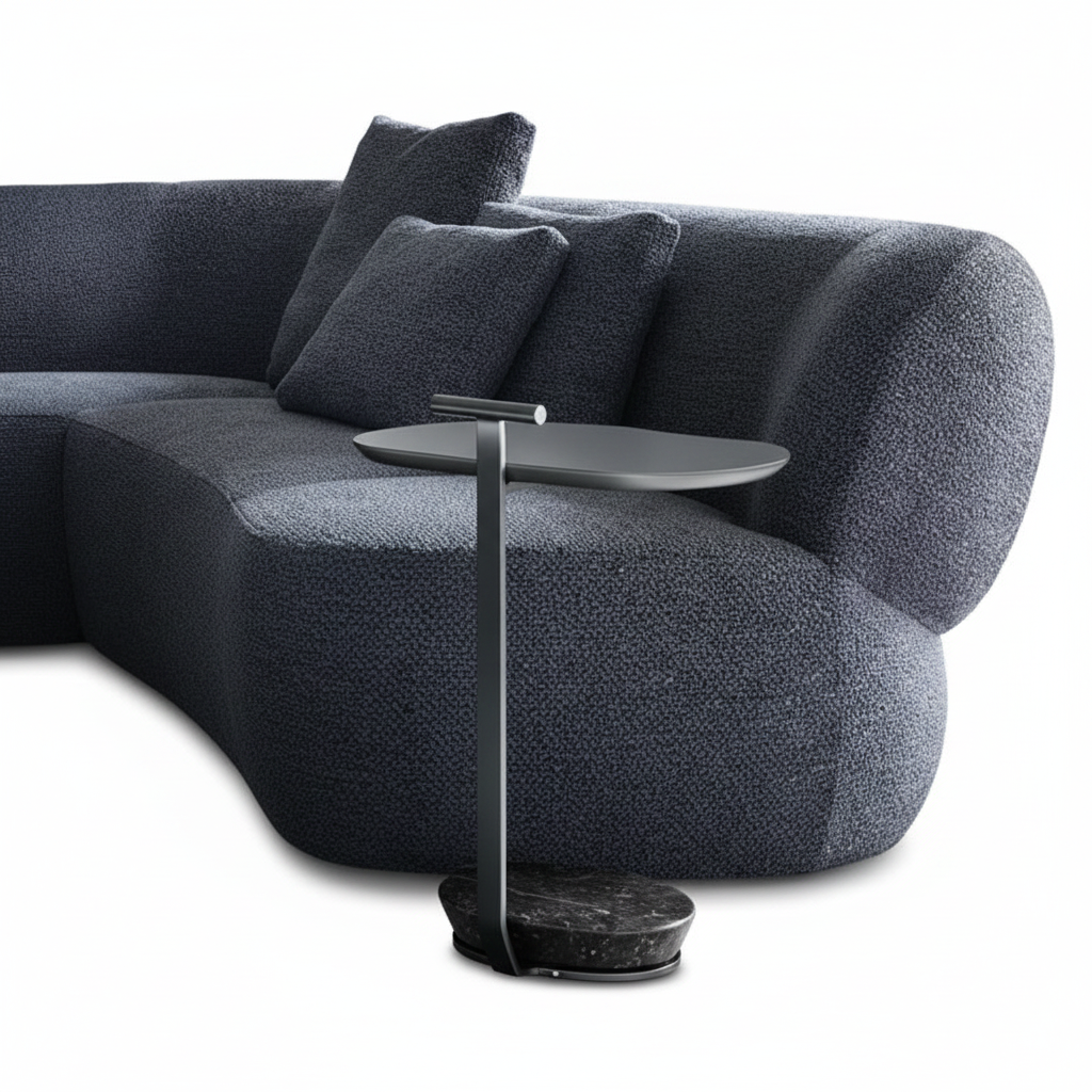 Orbis L-shape modular sectional sofa — close-up boucle texture and rounded end detail