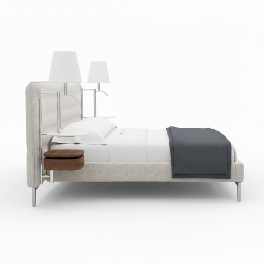Arco channel-stitched upholstered bed in cream with chrome legs, side view