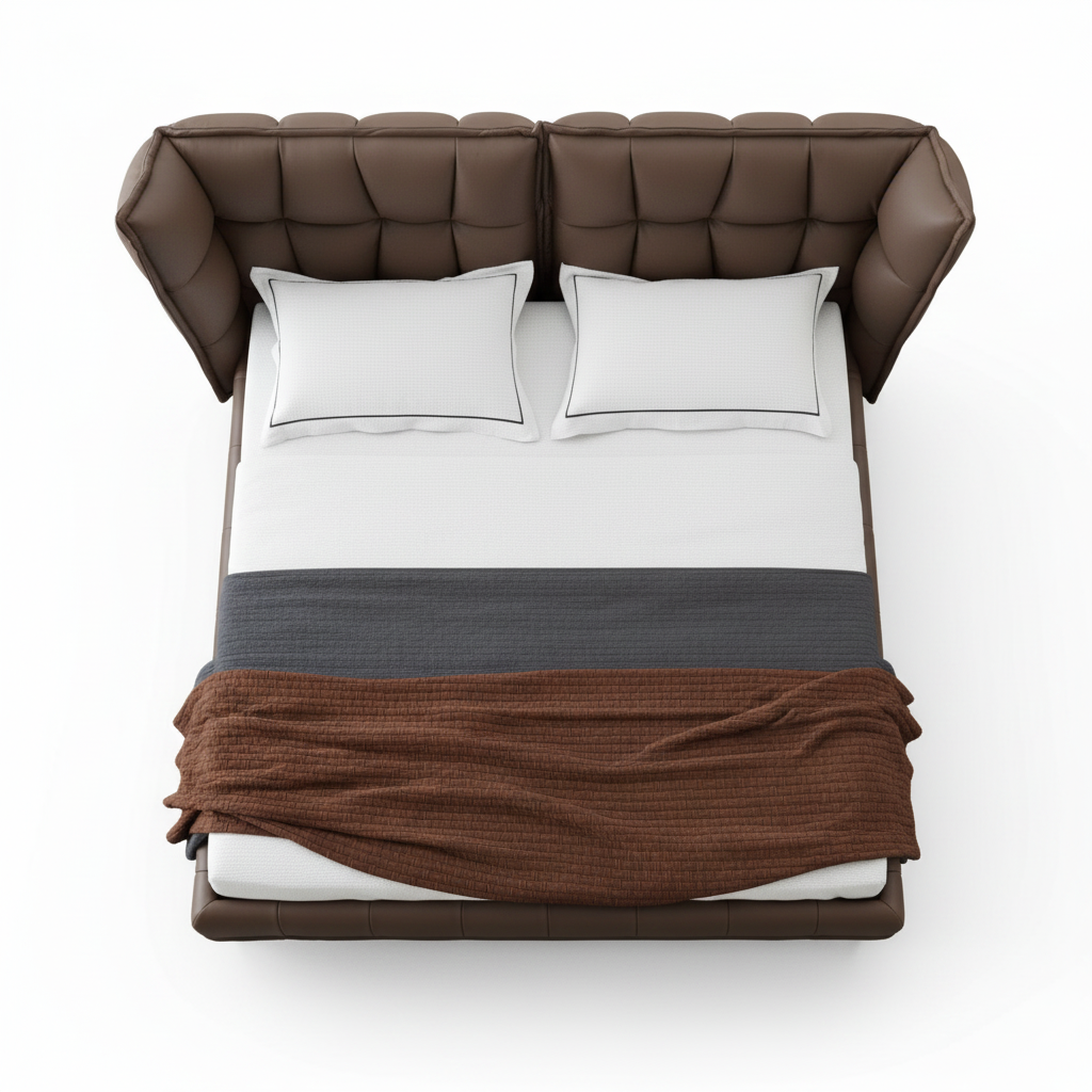 Corda Bed Frame top view, chocolate brown leather grid-tufted wingback headboard, white background