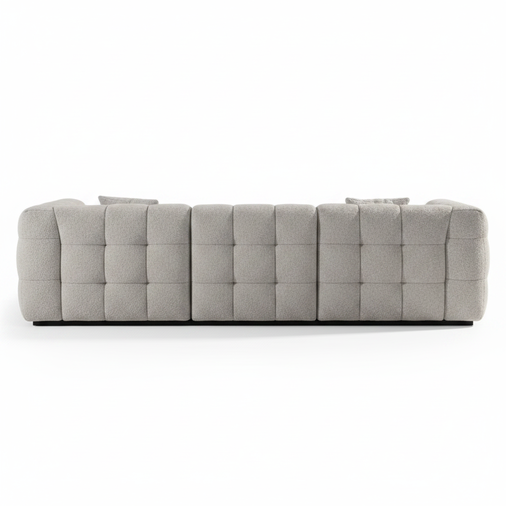 Alveo Sofa back view, grid-tufted grey fabric, white background