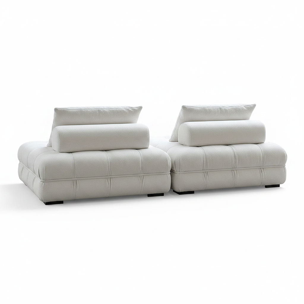 Back view of cream boucle tufted modular sofa on white background