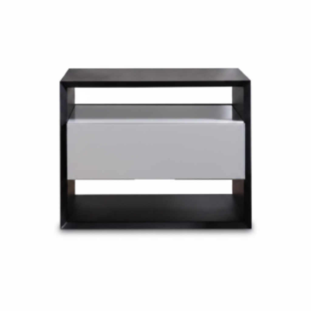 Matte black frame bedside table with light grey silver drawer panel and open shelf, front view on white background