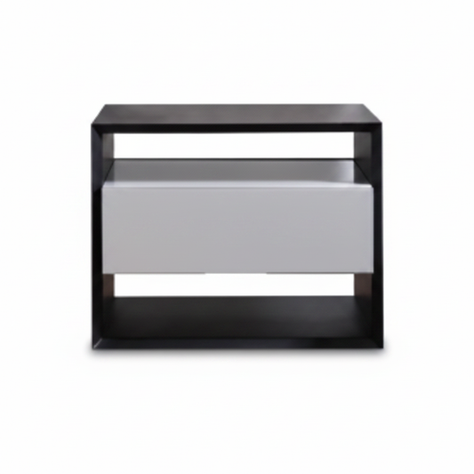 Matte black frame bedside table with light grey silver drawer panel and open shelf, front view on white background