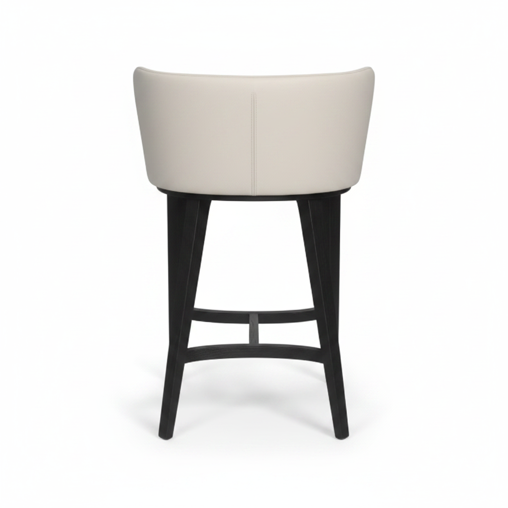 Back view of cream leather low-back bar stool with dark espresso wood frame