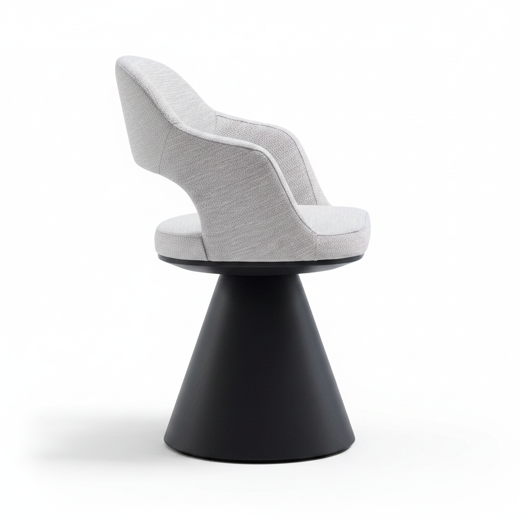 Side profile view of the Volta Open-Back Dining Armchair showing the shell seat and matte black cone base