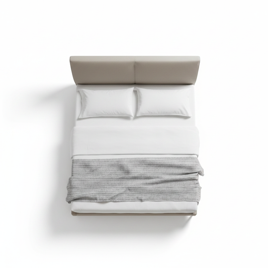 Luno split-headboard upholstered bed in greige, top view
