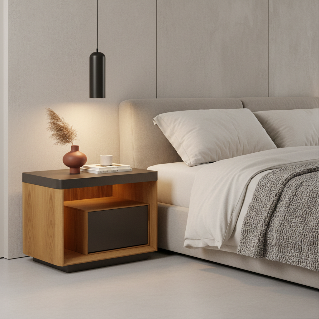 Warm oak bedside table with dark charcoal niche shelf styled in a luxury modern bedroom