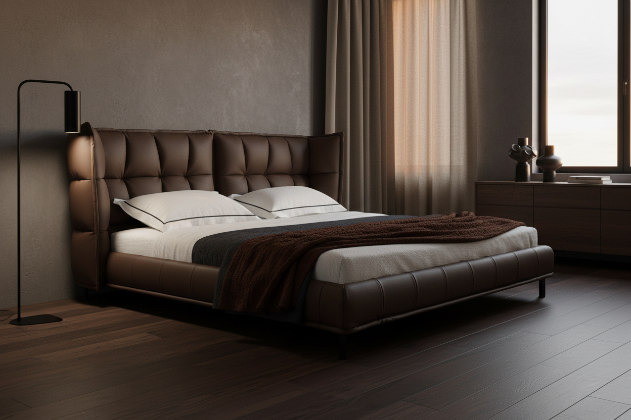 Corda Bed Frame in a moody luxury master bedroom with dark walnut flooring and charcoal walls