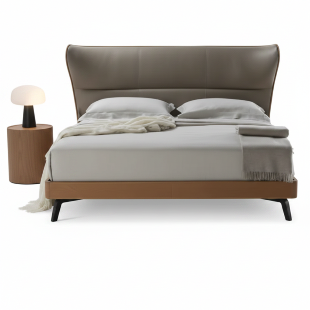 Aldora bed styled with grey linen bedding and cashmere throw