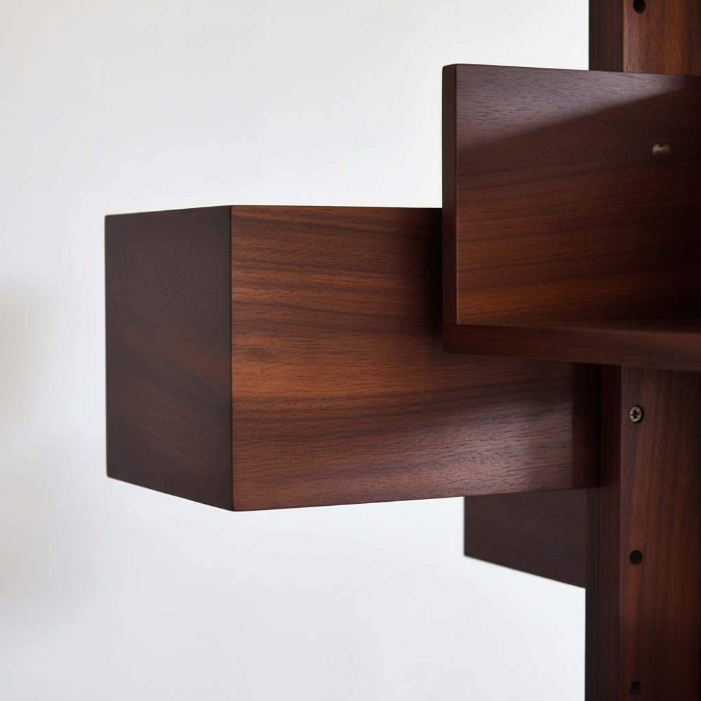 Arbor Rotating Bookshelf close-up of dark walnut wood grain and pole-to-compartment joinery