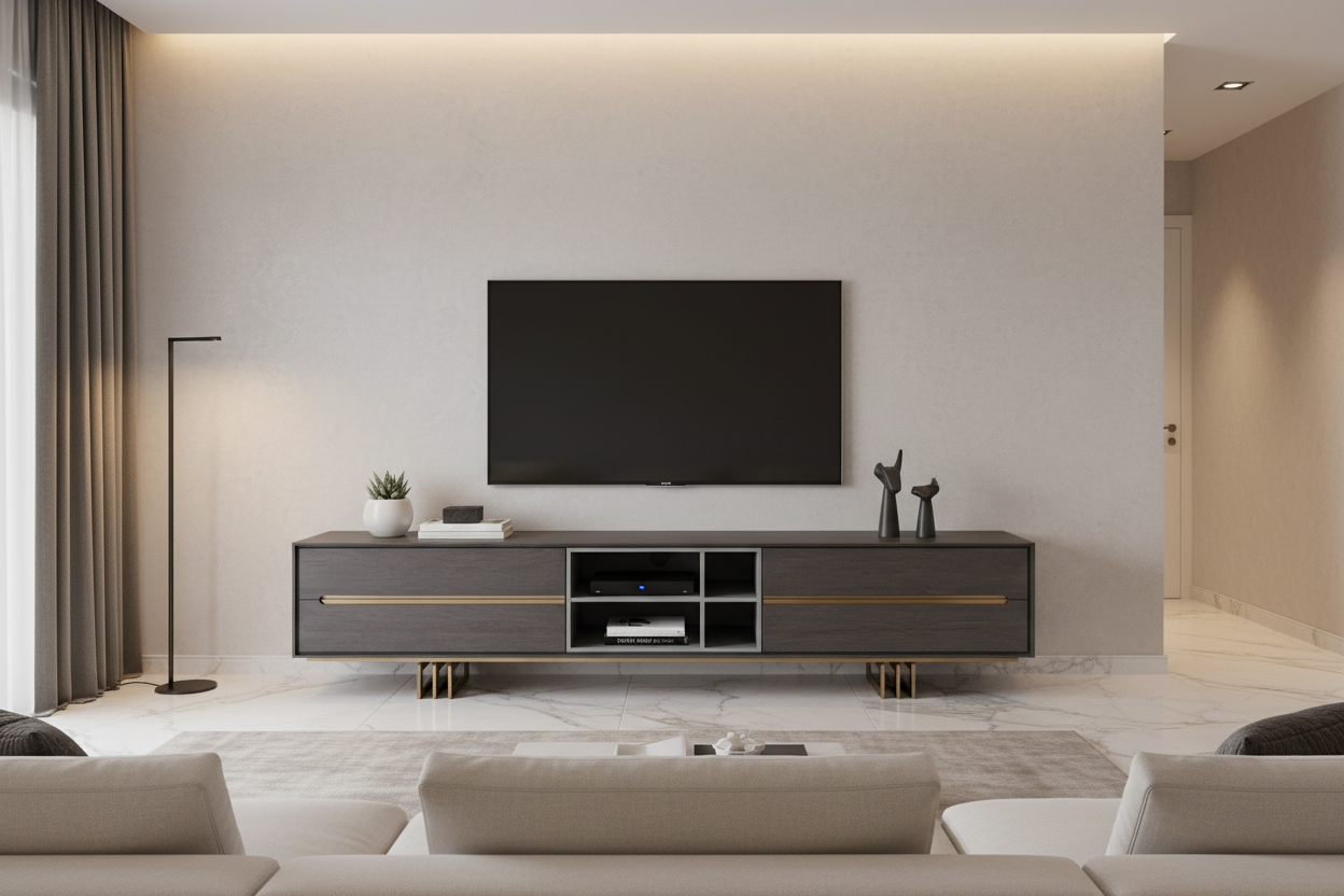 Aurum Media Console in luxury modern living room with wall-mounted TV above