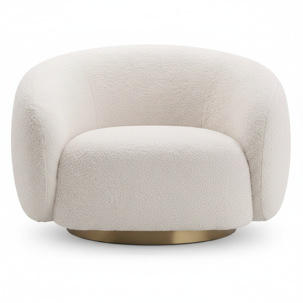 Oversized cream boucle round barrel swivel lounge chair with brushed antique brass disc base on white background
