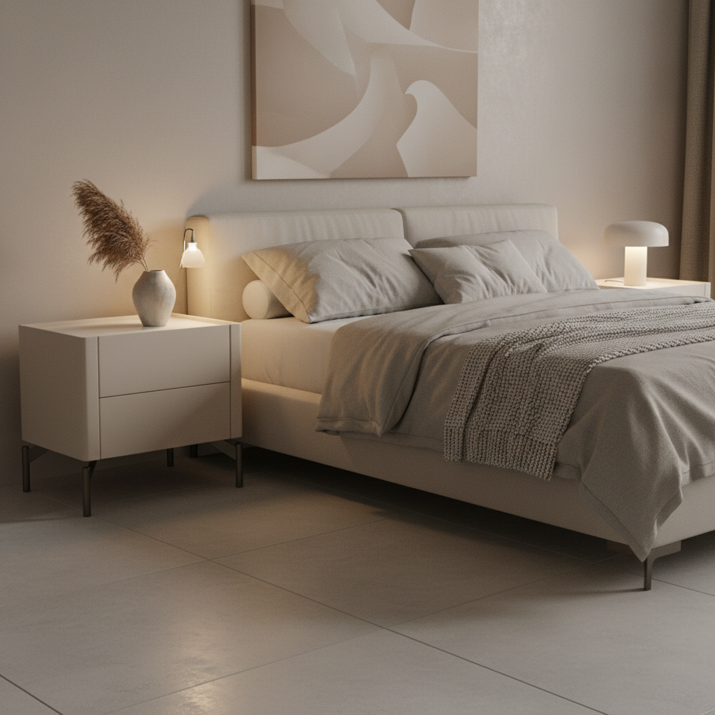 Cream leather upholstered bedside table styled in a luxury modern bedroom